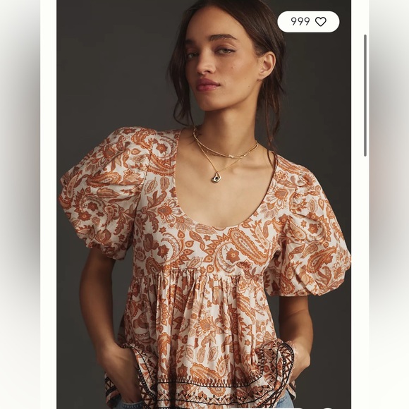 By Anthropologie Puff-Sleeve Babydoll Blouse in Orange Motif, Size Medium, NWOT - Picture 3 of 17